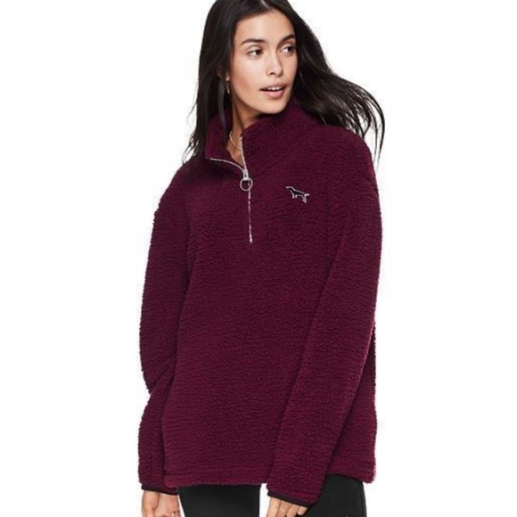PINK Victoria's Secret Tops - Victoria's Secret PINK Maroon Boyfriend Quarter Zip Sherpa Fleece Pullover